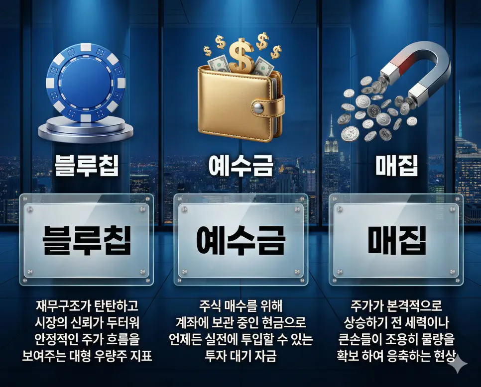 블루칩, 예수금, 매집 뜻의 정의와 핵심 아이콘을 세 개의 유리 패널에 정리한 영화 포스터 스타일 인포그래픽
