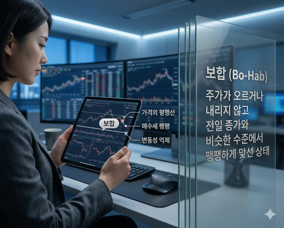 주가가 오르내림 없이 평행선을 유지하며 매수와 매도가 팽팽한 보합 상태를 상징하는 분석실 배경 실사 이미지