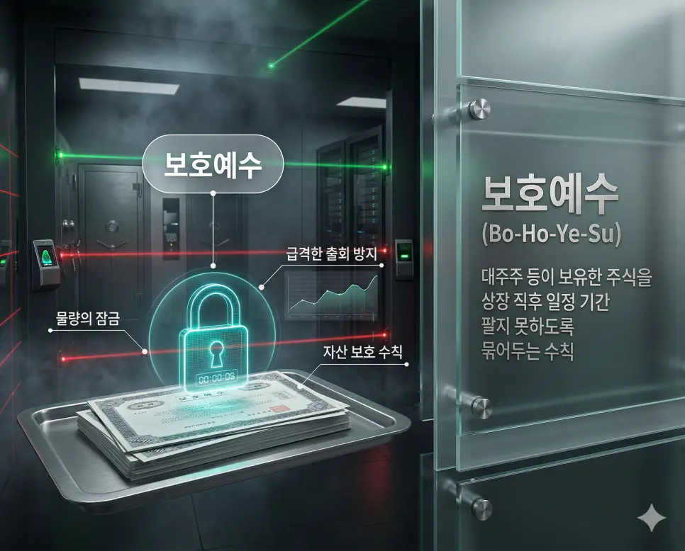 미수금 뜻, 시가총액 뜻, 보호예수 뜻: 단기 자금 운용과 기업의 체급 및 물량의 잠금 정리 3 주식 물량의 급격한 출회를 막기 위해 일정 기간 매도를 제한하는 보호예수 설정을 상징하는 금고 실사 이미지
