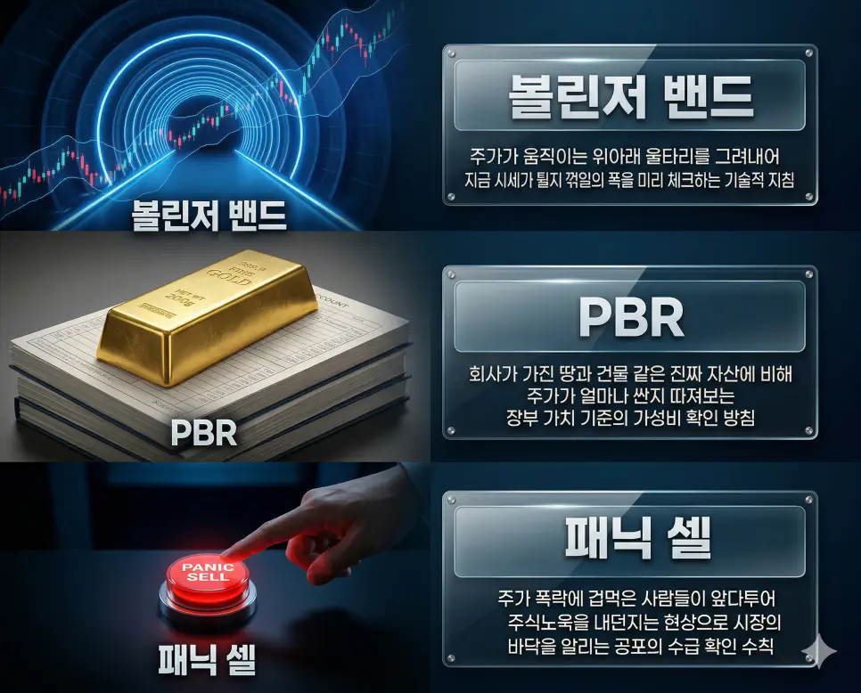 볼린저 밴드 뜻, PBR 뜻, 패닉 셀 뜻: 시세 변동 폭과 자산 가치 및 공포 투매 정리 4 볼린저 밴드, PBR, 패닉 셀 뜻의 정의와 핵심 분석 아이콘을 세 개의 유리 패널에 정리한 고품격 인포그래픽 실사 이미지
