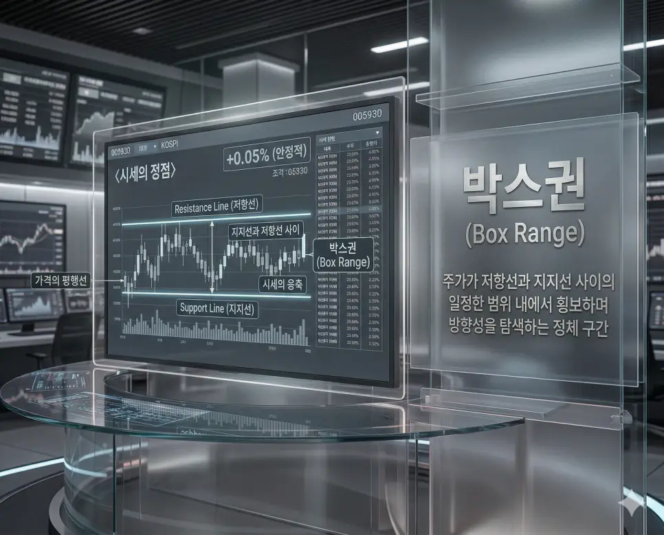 눌림목 뜻, 매물대 뜻, 박스권 뜻: 시세 휴식과 수급 장벽 및 가격 평행선 정리 3 상단 저항선과 하단 지지선 사이에서 횡보하며 방향성을 탐색하는 박스권 장세를 상징하는 오피스 배경 실사 이미지