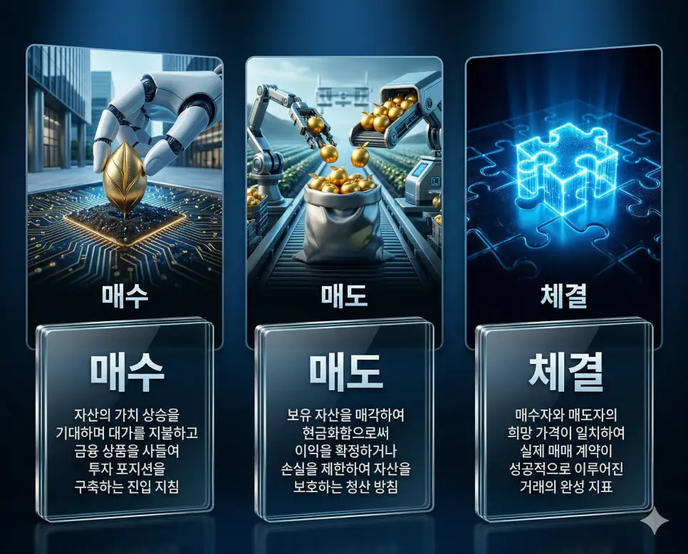 매수 뜻, 매도 뜻, 체결 뜻: 자산 소유와 이익 확정 및 거래 완성의 실전 원칙 정리 4 매수, 매도, 체결 뜻의 정의와 핵심 아이콘을 세 개의 유리 패널에 정리한 고품격 인포그래픽 실사 이미지