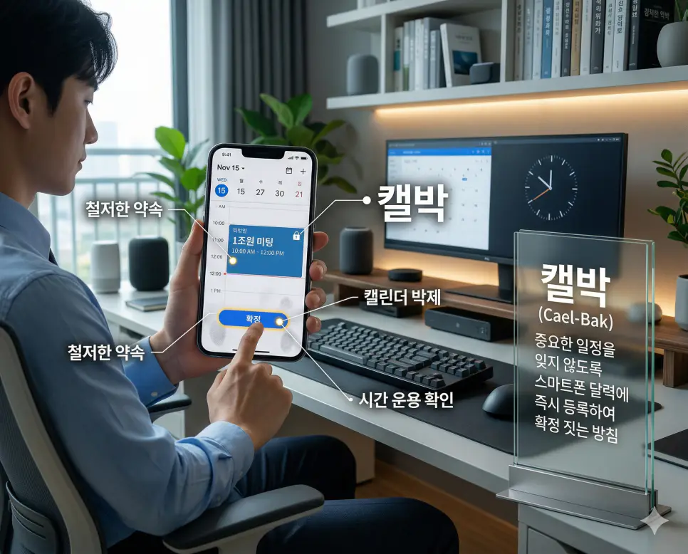 흑역사 뜻, 캘박 뜻, 와리가리 뜻: 과거의 지우개와 철저한 약속 및 압도적 주도권 정리 2 캘박 뜻을 통해 중요한 일정을 잊지 않도록 스마트폰 달력에 등록하여 확정 짓는 시간 운용 확인 방침 실사 이미지