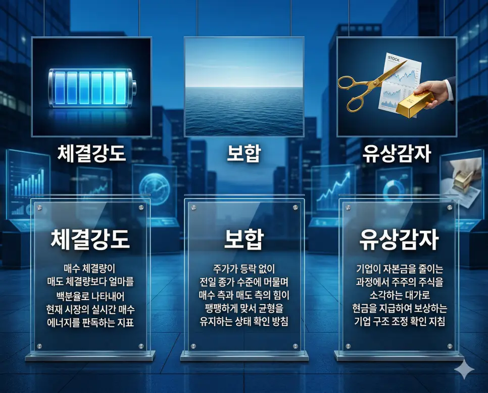 체결강도 뜻, 보합 뜻, 유상감자 뜻: 매수세의 척도와 가격의 평행선 및 자본 환원 정리 4 체결강도, 보합, 유상감자 뜻의 정의와 핵심 아이콘을 세 개의 유리 패널에 정리한 영화 포스터 스타일 인포그래픽