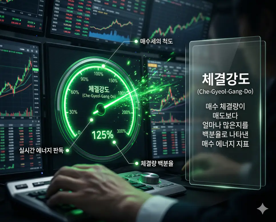 체결강도 뜻, 보합 뜻, 유상감자 뜻: 매수세의 척도와 가격의 평행선 및 자본 환원 정리 1 실시간 매수 에너지의 크기를 백분율로 나타낸 체결강도 뜻을 시각화한 거래소 대시보드 배경 실사 이미지