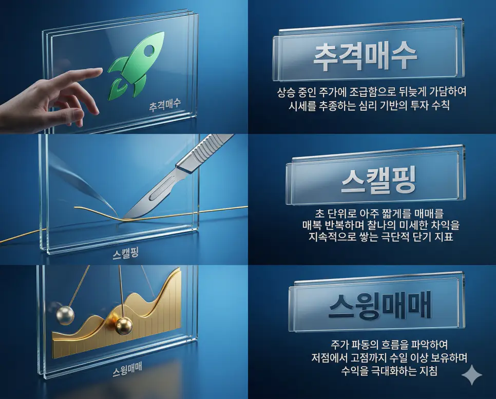 추격매수 뜻, 스캘핑 뜻, 스윙매매 뜻: 시세의 추종과 찰나의 이익 및 추세의 활용 정리 4 추격매수, 스캘핑, 스윙매매 뜻의 정의와 핵심 아이콘을 세 개의 유리 패널에 정리한 영화 포스터 스타일 인포그래픽