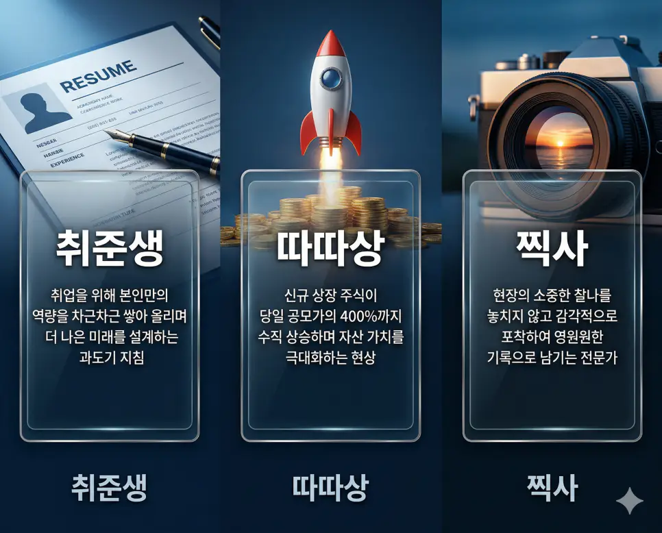 취준생 뜻, 따따상 뜻, 찍사 뜻: 미래 설계의 과도기와 수익 극대화 및 현장의 기록 정리 4 취준생, 따따상, 찍사 뜻의 정의와 핵심 아이콘을 세 개의 유리 패널에 정리한 영화 포스터 스타일 인포그래픽