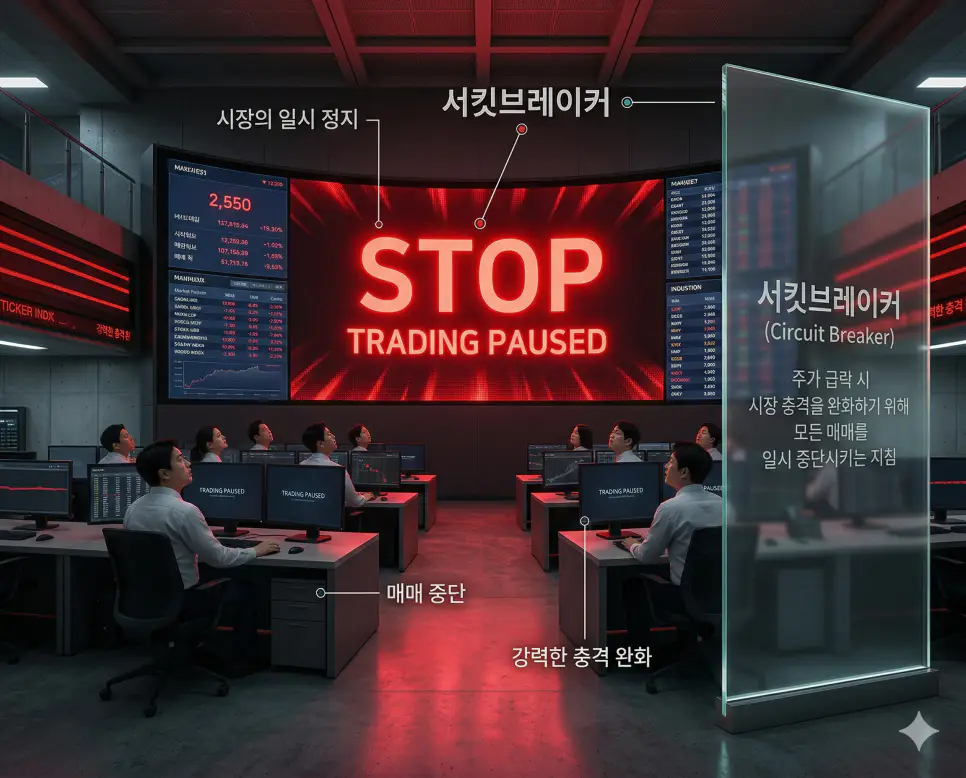 주가 폭락 시 모든 매매를 일시 중단시켜 시장을 보호하는 서킷브레이커 뜻을 시각화한 대형 모니터 배경 실사 이미지