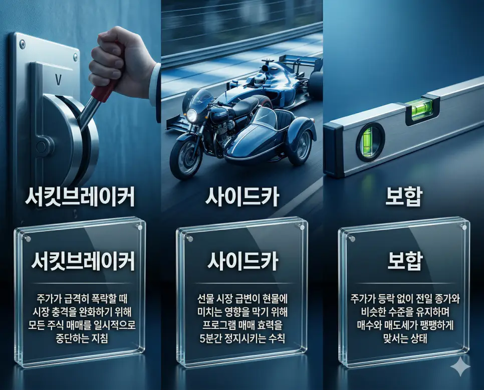 서킷브레이커, 사이드카, 보합 뜻의 정의와 핵심 아이콘을 세 개의 유리 패널에 정리한 영화 포스터 스타일 인포그래픽