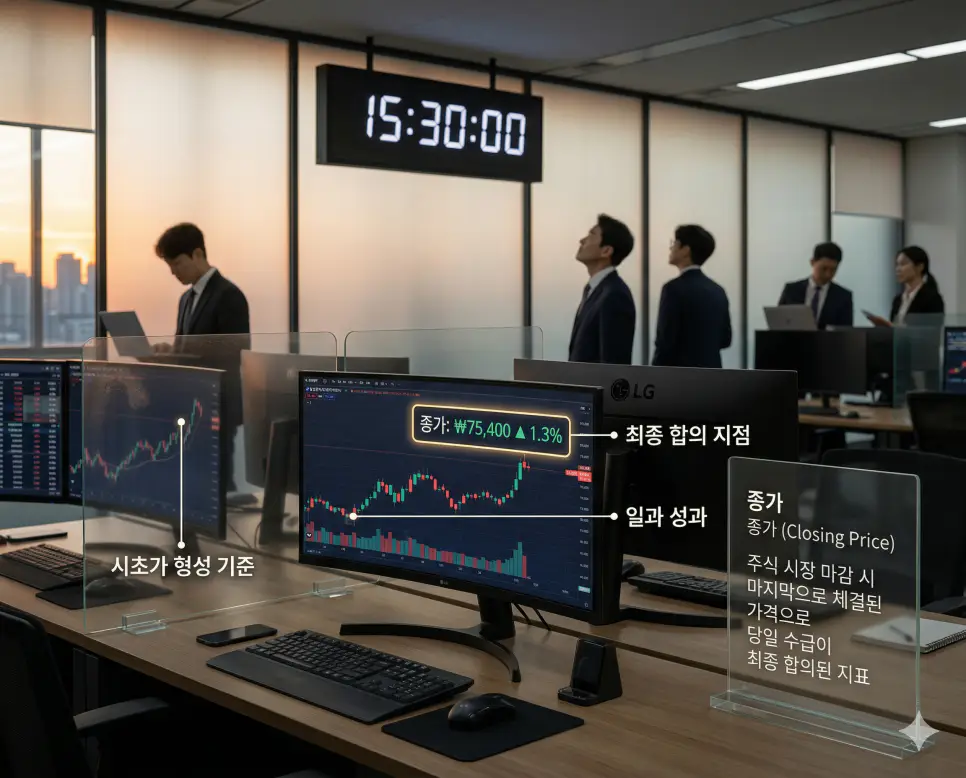 주식 시장 마감 시점의 최종 합의 가격인 종가의 의미를 시각화한 노을 지는 도심 속 트레이딩 센터 실사 이미지