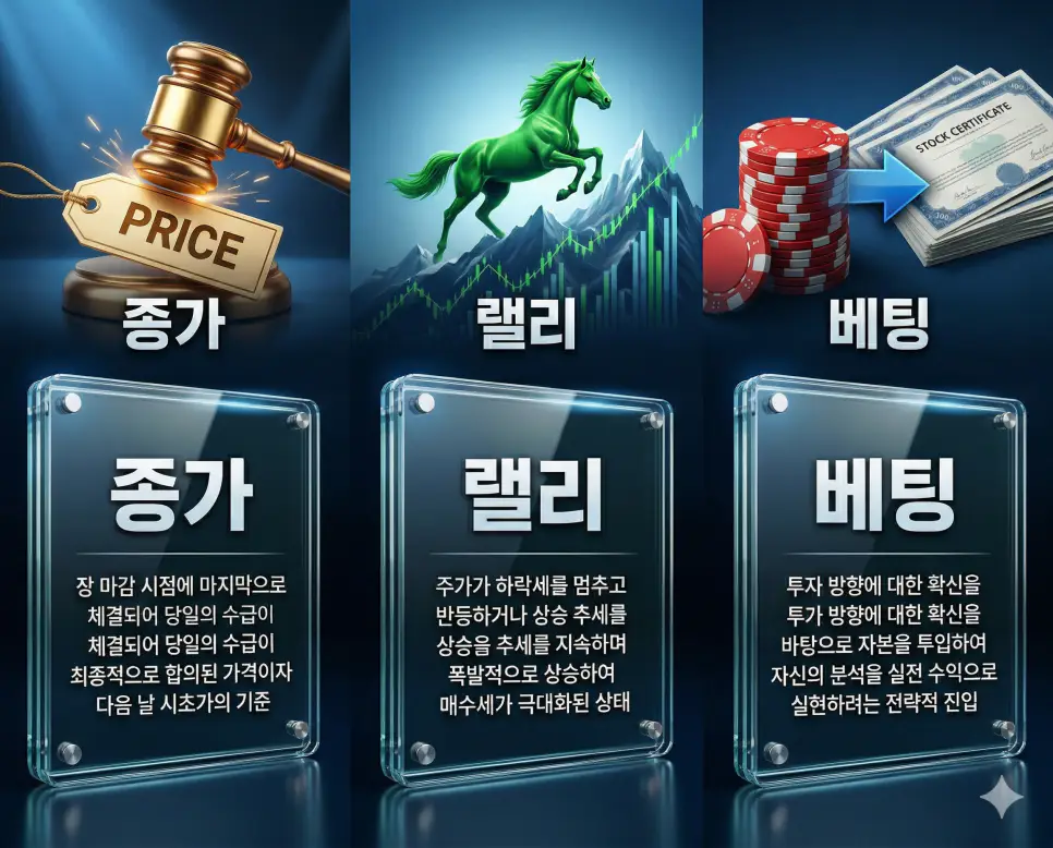 종가, 랠리, 베팅 뜻의 정의와 핵심 아이콘을 세 개의 유리 패널에 정리한 고품격 인포그래픽 실사 이미지