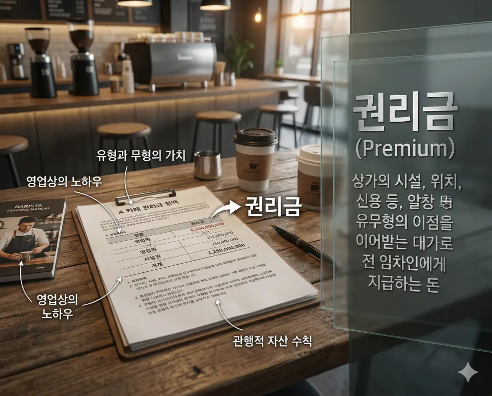 잔금 뜻, 위약금 뜻, 권리금 뜻: 계약의 마침표와 약속의 무게 및 유무형 가치 정리 3 상가 건물의 위치와 노하우 등 유무형 가치를 이어받는 대가로 지급하는 권리금 거래를 시각화한 실사 이미지
