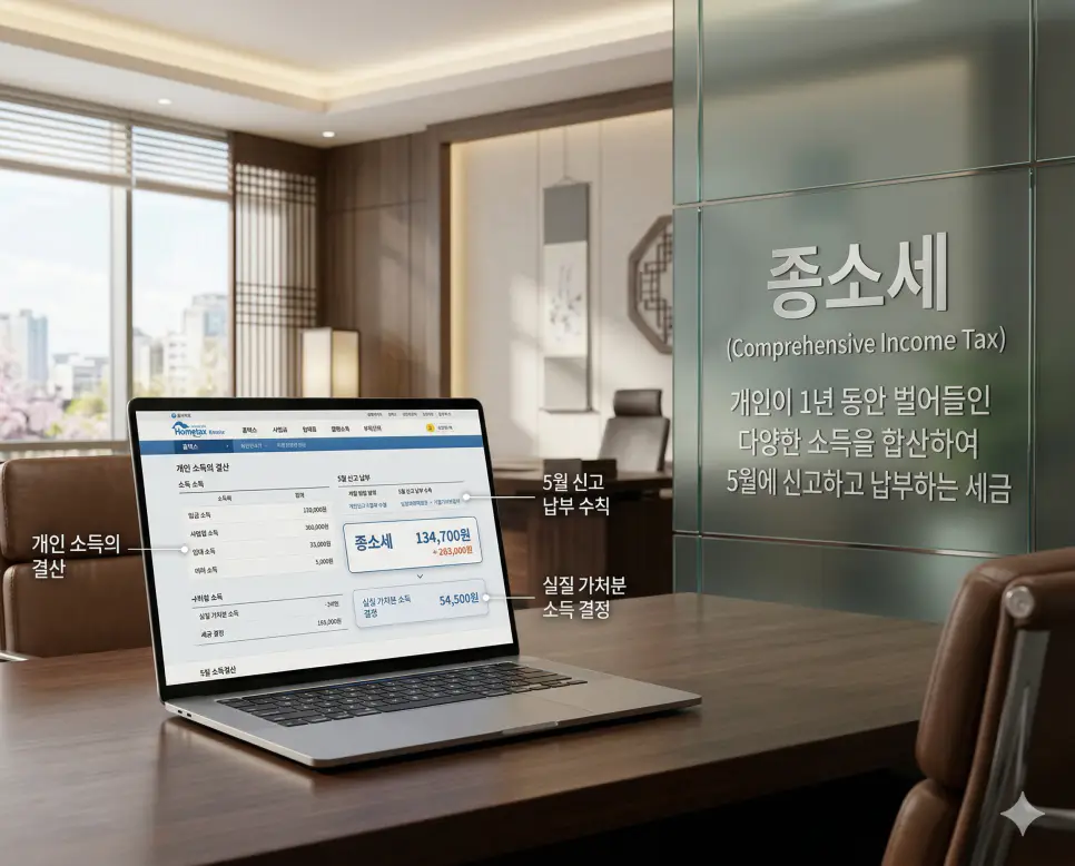 취득세 뜻, 분담금 뜻, 종소세 뜻: 자산 소유권 확보와 정비사업 투자 및 소득 결산 정리 3 개인이 1년 동안 벌어들인 다양한 소득을 합산하여 5월에 신고하고 납부하는 종합소득세 실무 실사 이미지