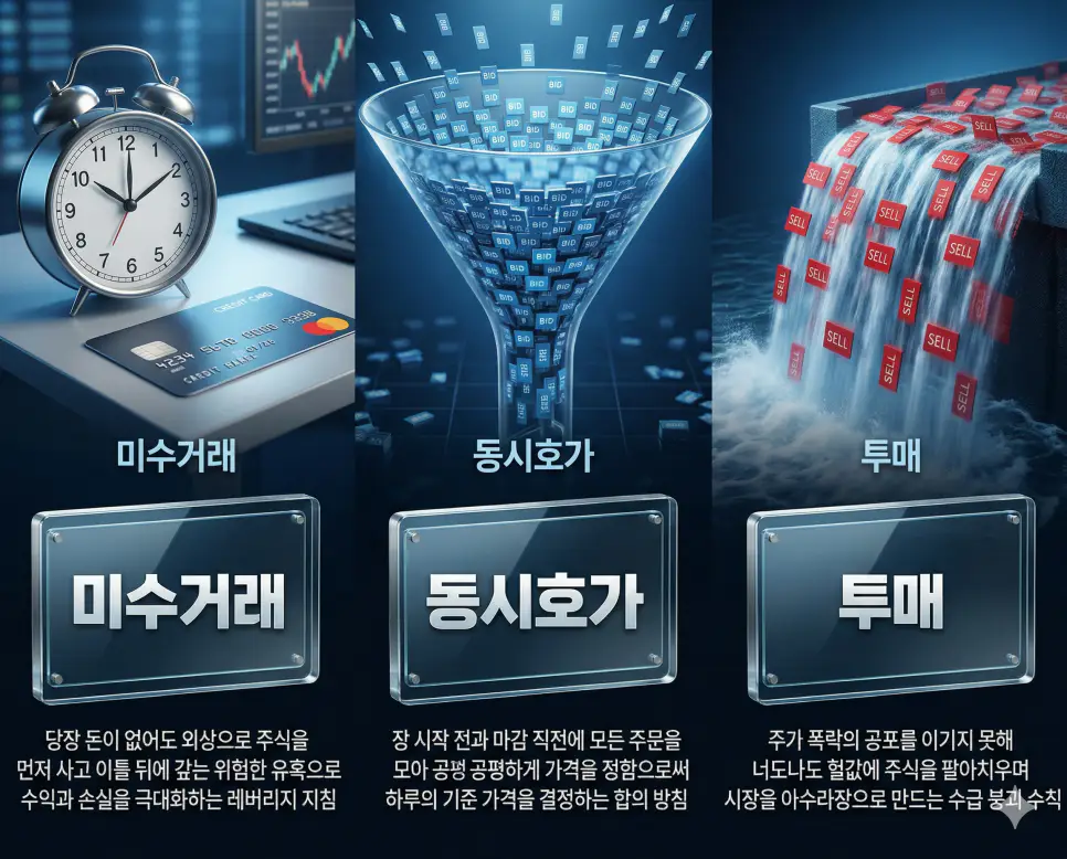 미수거래, 동시호가, 투매 뜻의 정의와 핵심 아이콘을 세 개의 유리 패널에 정리한 고품격 인포그래픽 실사 이미지