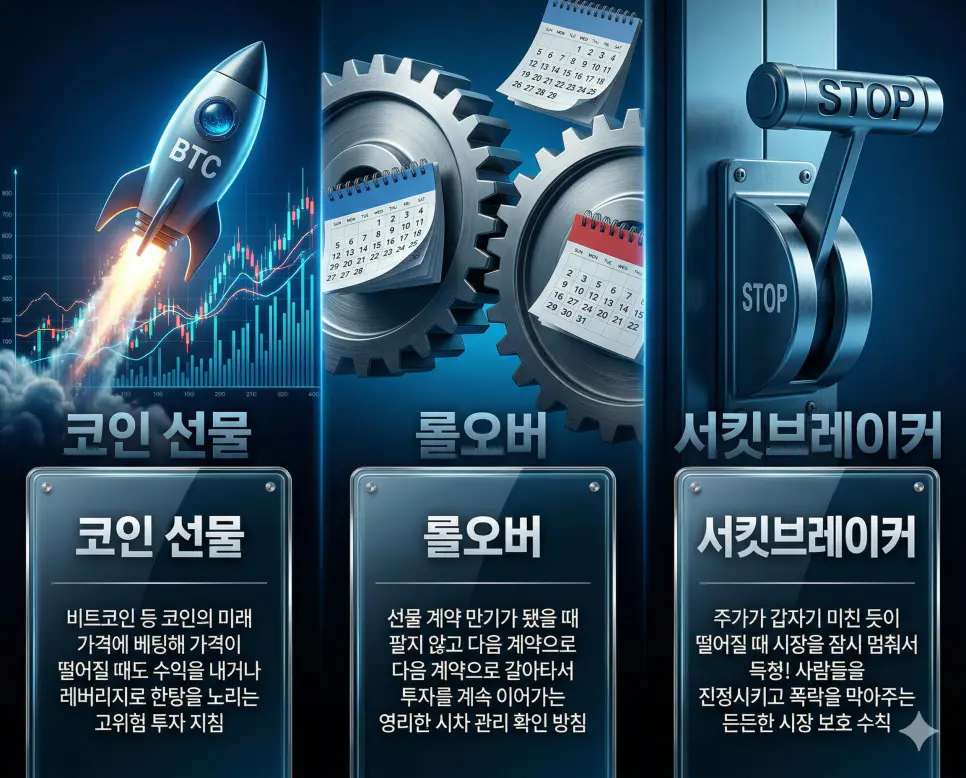 코인 선물 뜻, 롤오버 뜻, 서킷브레이커 뜻: 변동성 레버리지와 계약 연장 및 시장 보호 정리 4 코인 선물, 롤오버, 서킷브레이커 뜻의 정의와 핵심 아이콘을 세 개의 유리 패널에 정리한 고품격 인포그래픽 실사 이미지