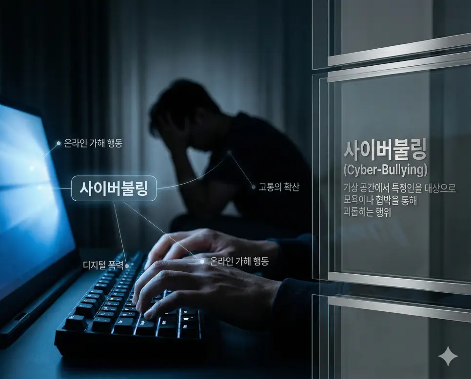 띵곡 뜻, 띵작 뜻, 사이버불링 뜻: 청각적 찬사와 시각적 감동 및 디지털 폭력 정리 3 가상 공간에서 타인을 괴롭히는 사이버불링의 심각성을 어두운 조명 아래 노트북 사용 모습으로 표현한 실사 이미지