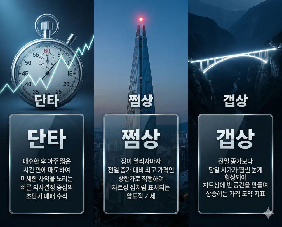 단타 뜻, 쩜상 뜻, 갭상 뜻: 시간의 효율과 압도적 기세 및 가격의 도약 정리 4 단타, 쩜상, 갭상 뜻의 정의와 핵심 아이콘을 세 개의 유리 패널에 정리한 영화 포스터 스타일 인포그래픽