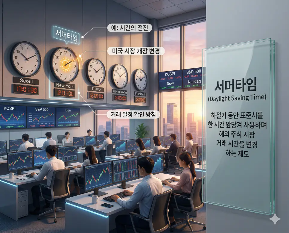 어닝 서프라이즈 뜻, 서머타임 뜻, 주식 선물 뜻: 실적 발표와 거래 일정 및 파생상품 정리 2 미국 등 해외 주식 시장의 개장 시간을 한 시간 앞당기는 서머타임 제도를 설명하는 세계 시계 실사 이미지