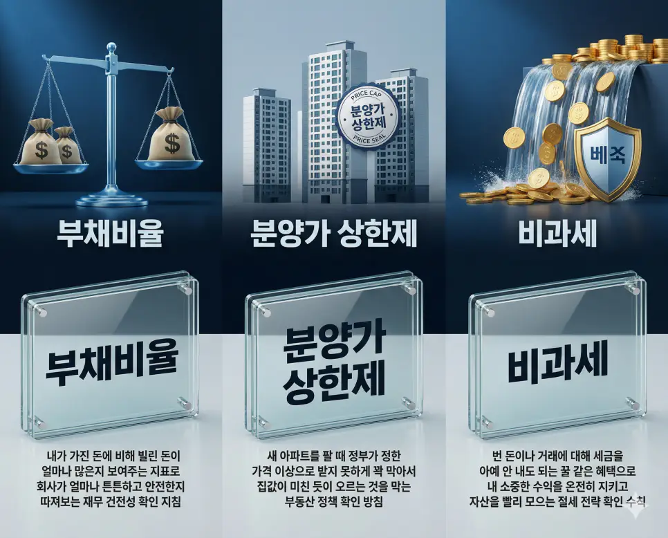 부채비율 뜻, 분양가 상한제 뜻, 비과세 뜻: 재무 건전성과 부동산 정책 및 절세 전략 정리 4 부채비율, 분양가 상한제, 비과세 뜻의 정의와 핵심 분석 아이콘을 세 개의 유리 패널에 정리한 고품격 인포그래픽 실사 이미지