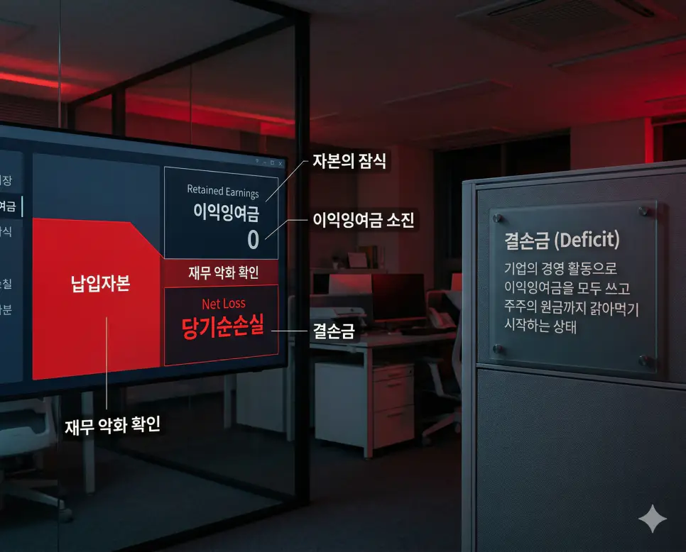 이익잉여금을 소진하고 자본을 잠식하기 시작한 기업의 결손금 상태를 분석하는 실사 이미지