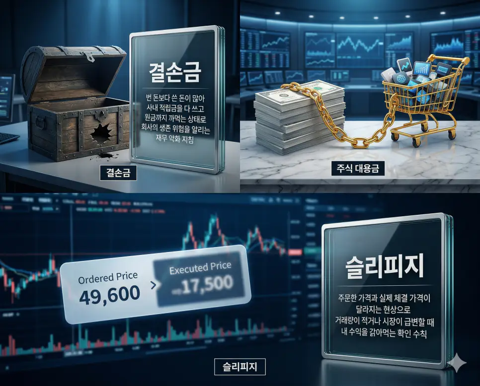 결손금, 주식 대용금, 슬리피지 뜻의 정의와 핵심 아이콘을 세 개의 유리 패널에 정리한 고품격 인포그래픽 실사 이미지
