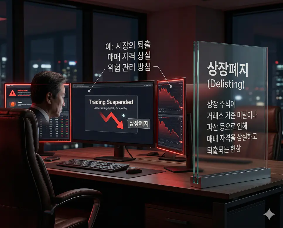 시장 기준 미달로 인해 거래 자격을 상실하고 퇴출되는 상장폐지 경고 화면을 분석하는 리스크 관리 실사 이미지