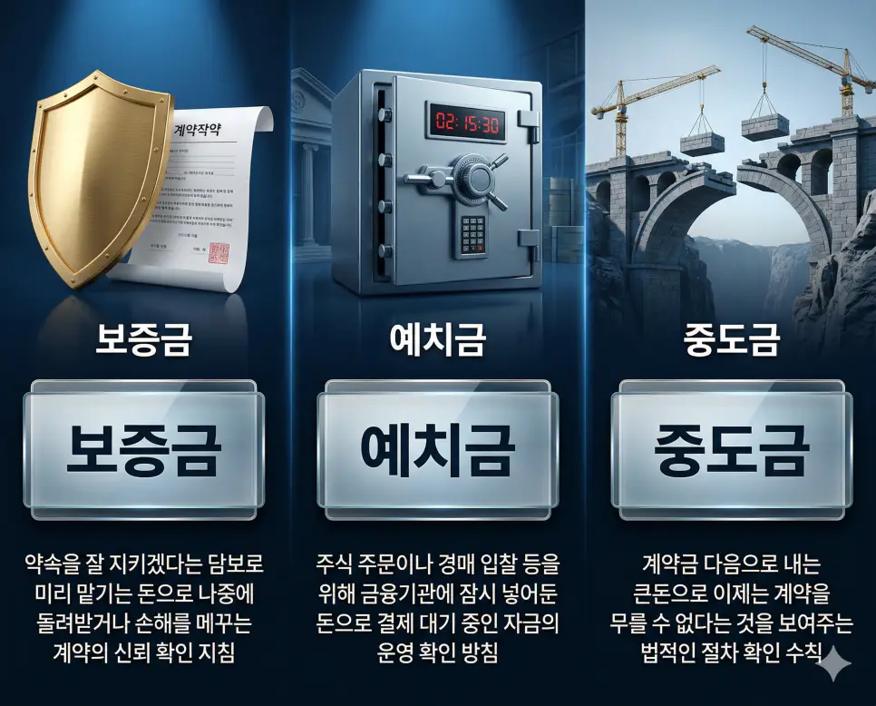 보증금 뜻, 예치금 뜻, 중도금 뜻: 계약의 신뢰와 자금 보관 및 이행 단계 정리 4 보증금, 예치금, 중도금 뜻의 정의와 핵심 상징 아이콘을 세 개의 유리 패널에 정리한 고품격 인포그래픽 실사 이미지