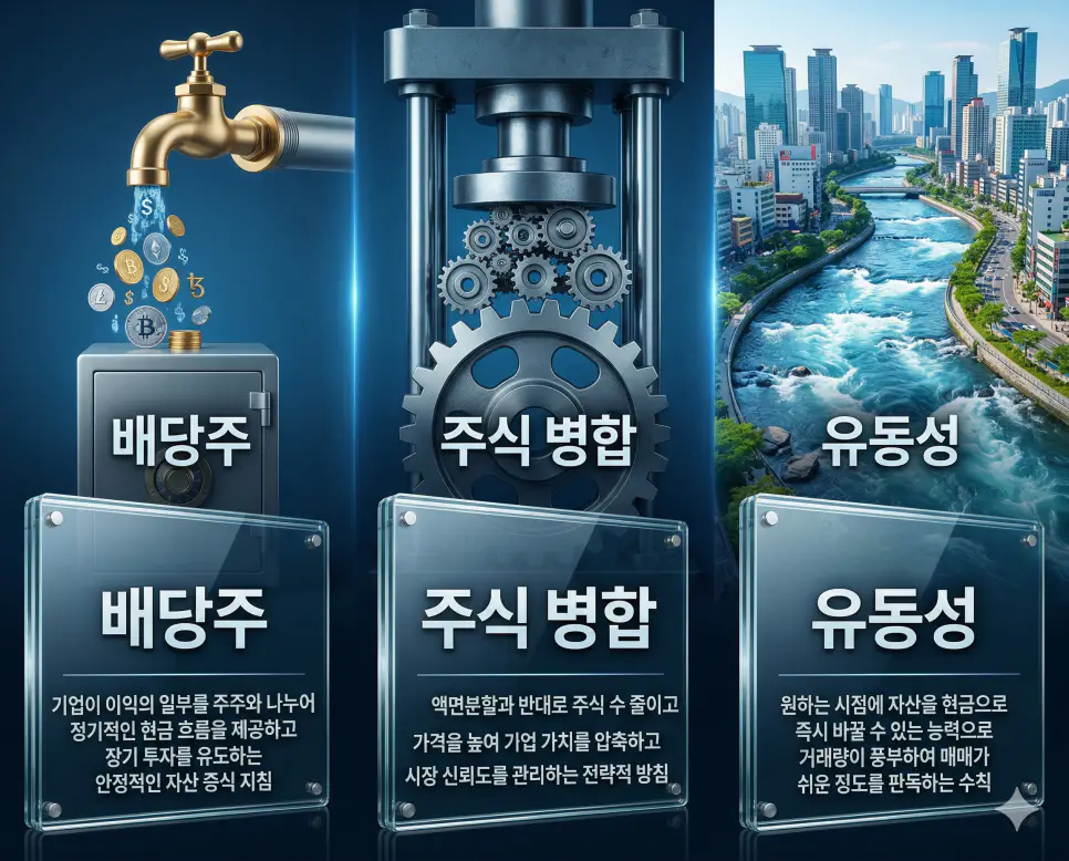 배당주 뜻, 주식 병합 뜻, 유동성 뜻: 이익 분배와 가치 통합 및 거래 원활함 정리 4 배당주, 주식 병합, 유동성 뜻의 정의와 핵심 아이콘을 세 개의 유리 패널에 정리한 고품격 인포그래픽 실사 이미지