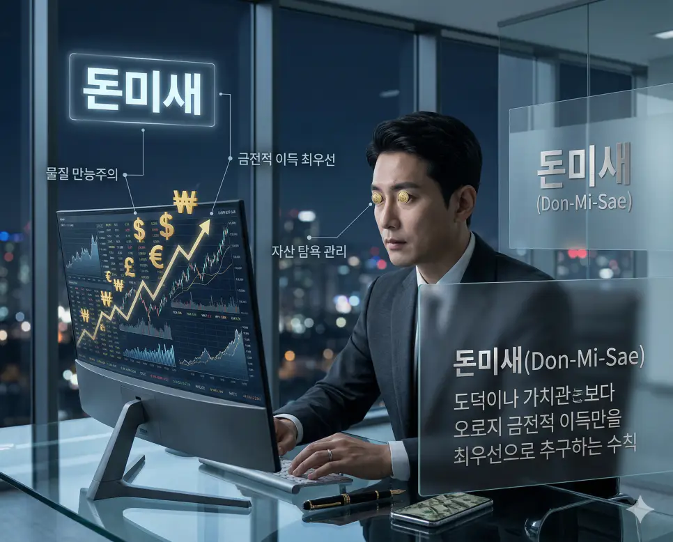 금전적 이득만을 최우선으로 추구하며 도덕보다 돈을 우선시하는 돈미새 뜻의 실사 이미지