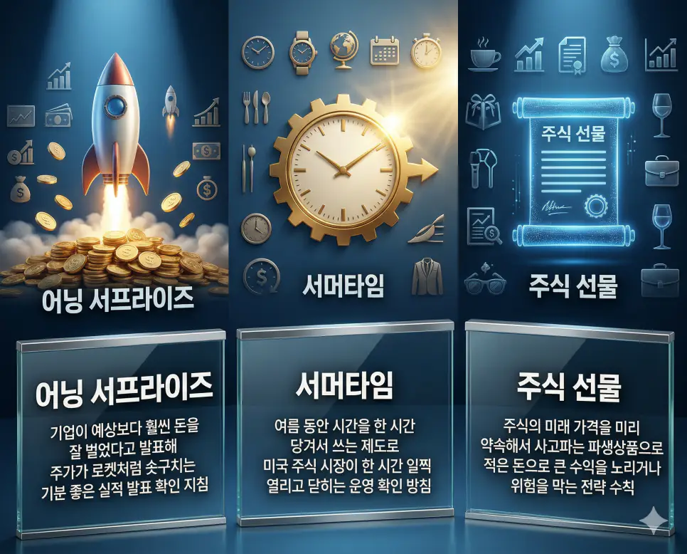 어닝 서프라이즈 뜻, 서머타임 뜻, 주식 선물 뜻: 실적 발표와 거래 일정 및 파생상품 정리 4 어닝 서프라이즈, 서머타임, 주식 선물 뜻의 정의와 핵심 아이콘을 세 개의 유리 패널에 정리한 고품격 인포그래픽 실사 이미지