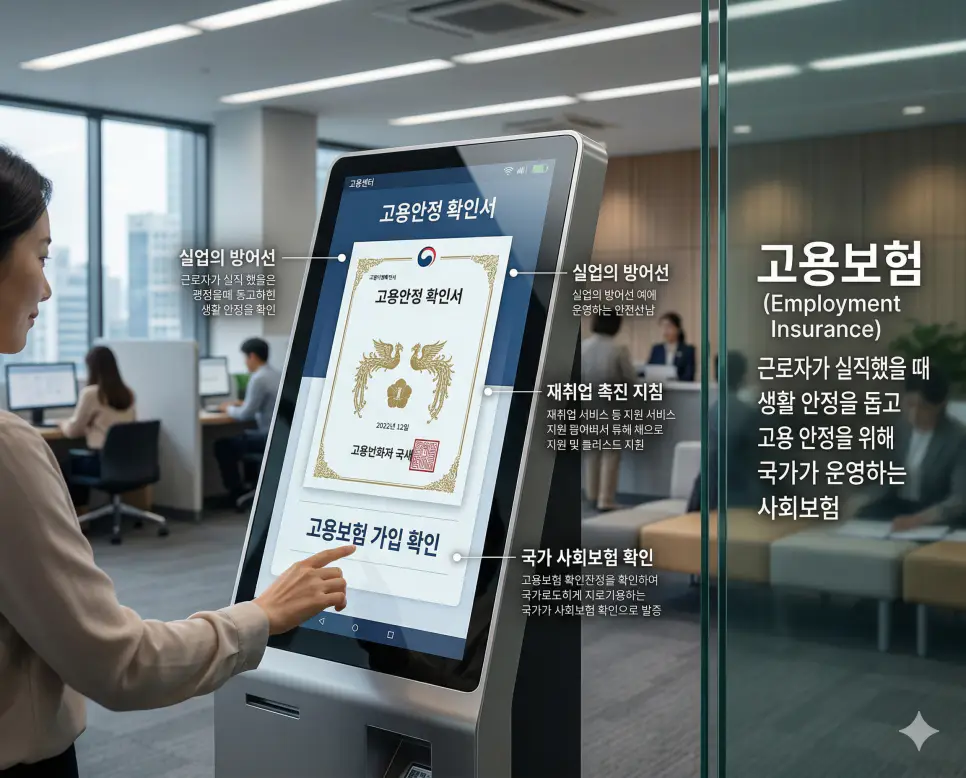 고용보험 뜻, 산재보험 뜻, 실업급여 뜻: 실업 방어선과 재해 보상 및 재취업 혜택 정리 1 근로자의 실직 시 생활 안정을 돕고 고용 안정을 위해 국가가 운영하는 고용보험 시스템 실사 이미지