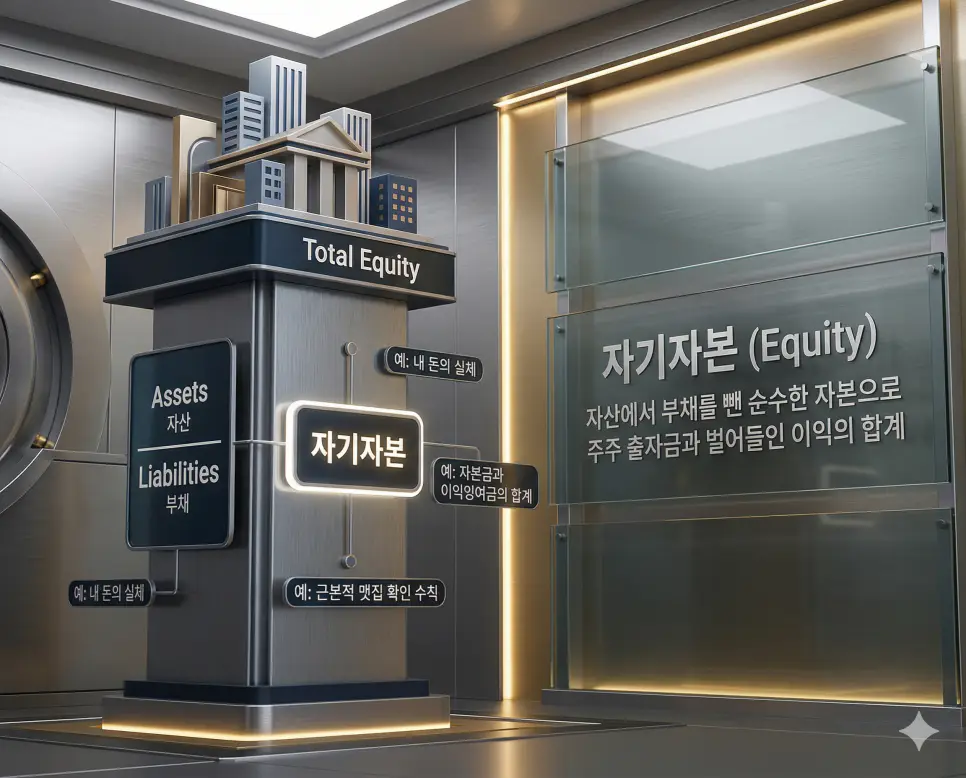 영업이익 뜻, 용적률 뜻, 자기자본 뜻: 본업의 실력과 개발 가치 및 재무 맷집 정리 3 자산에서 부채를 뺀 순수 자본금의 규모를 시각화하여 기업의 근본적인 재무 맷집을 보여주는 실사 이미지