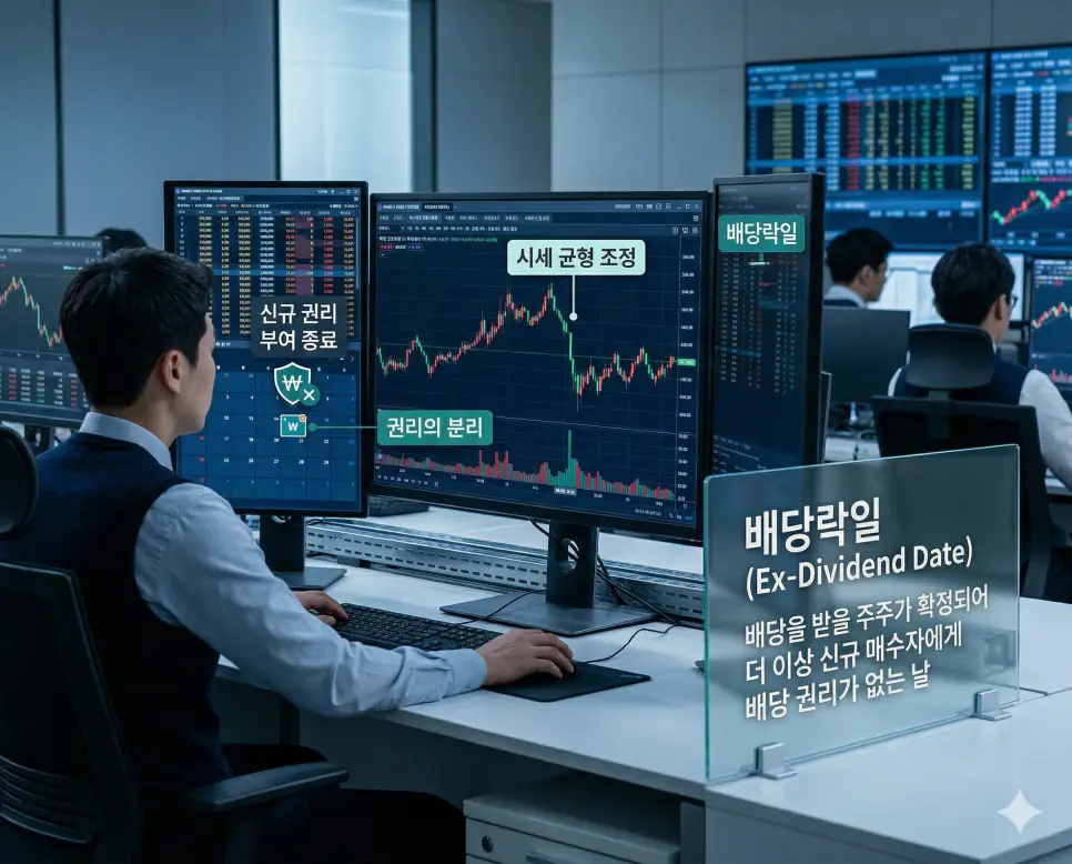 배당 권리가 사라지는 배당락일을 달력에 표시하고 주가 조정을 확인하는 투자실 실사 이미지
