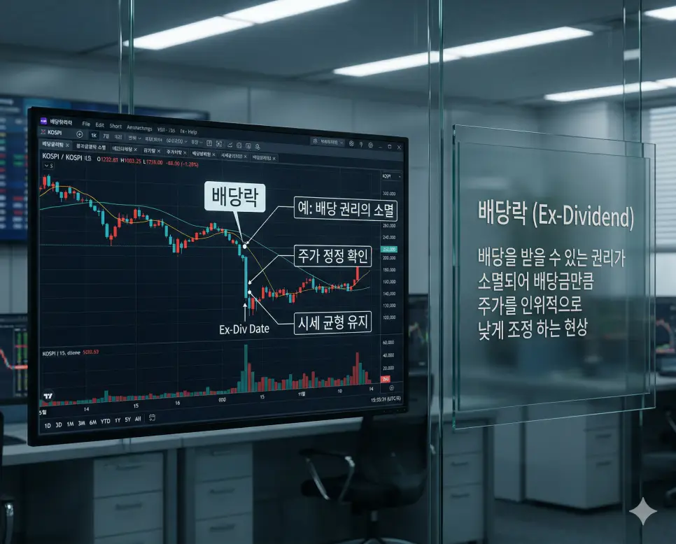 동전주 뜻, 배당락 뜻, 권리락 뜻: 초저가 시세와 배당 증자 권리 소멸 정리 2 배당 권리 소멸로 인해 배당금만큼 주가가 인위적으로 낮아진 차트의 갭을 설명하는 실사 이미지
