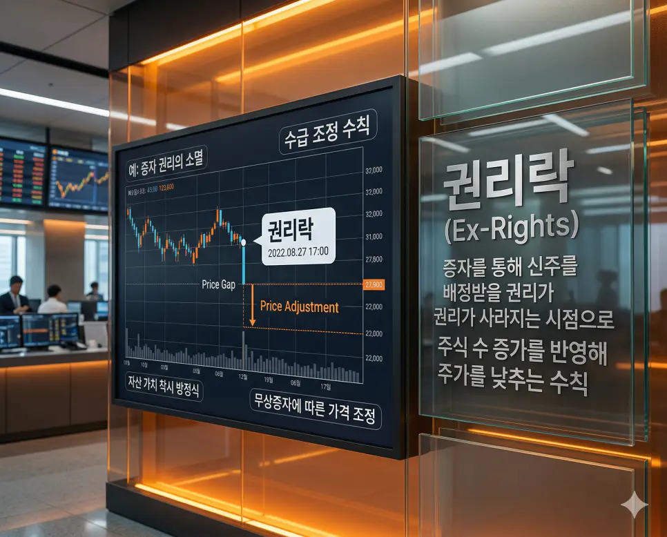 동전주 뜻, 배당락 뜻, 권리락 뜻: 초저가 시세와 배당 증자 권리 소멸 정리 3 증자 신주 배정 권리가 사라지며 주식 수 증가를 반영해 주가를 조정하는 권리락 원리 실사 이미지