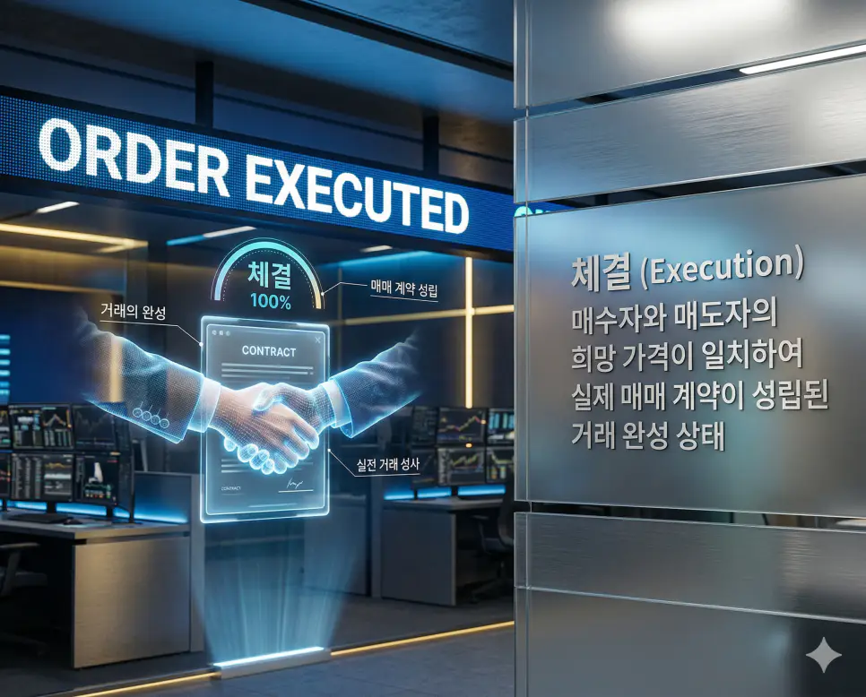 매수 뜻, 매도 뜻, 체결 뜻: 자산 소유와 이익 확정 및 거래 완성의 실전 원칙 정리 3 매수자와 매도자의 가격이 일치하여 거래가 성사되었음을 알리는 거래소 알림 화면 배경 실사 이미지