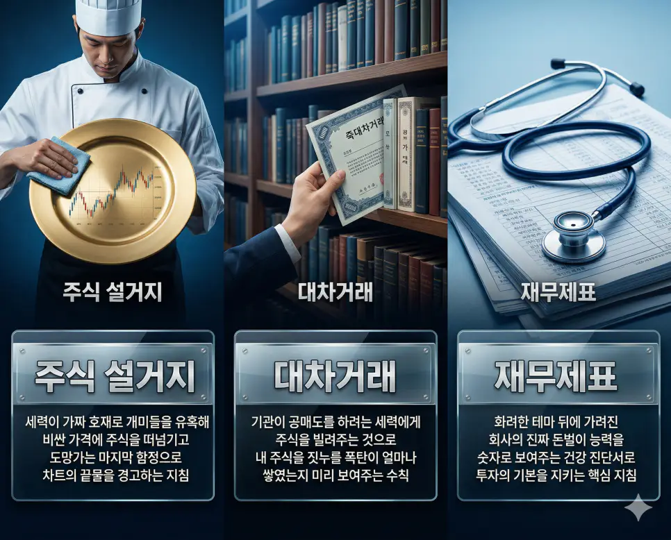 주식 설거지 뜻, 대차거래 뜻, 재무제표 뜻: 세력의 퇴장과 주식 대여 및 건강 진단 정리 4 주식 설거지, 대차거래, 재무제표 뜻의 정의와 핵심 아이콘을 세 개의 유리 패널에 정리한 고품격 인포그래픽 실사 이미지