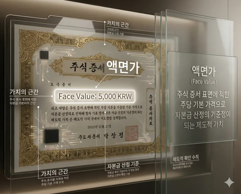 주식의 제도적 근간이 되는 액면가가 명시된 고풍스러운 주권 증서를 분석하는 실사 이미지