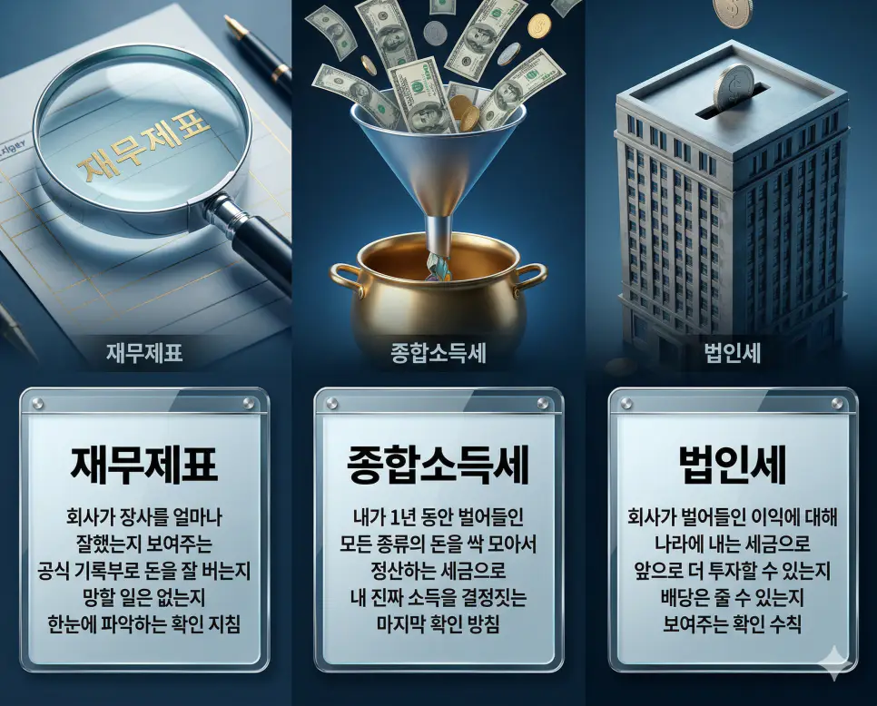 재무제표 뜻, 종합소득세 뜻, 법인세 뜻: 기업 성적표와 개인 소득 결산 및 법인 세금 정리 4 재무제표, 종합소득세, 법인세 뜻의 정의와 핵심 분석 아이콘을 세 개의 유리 패널에 정리한 고품격 인포그래픽 실사 이미지