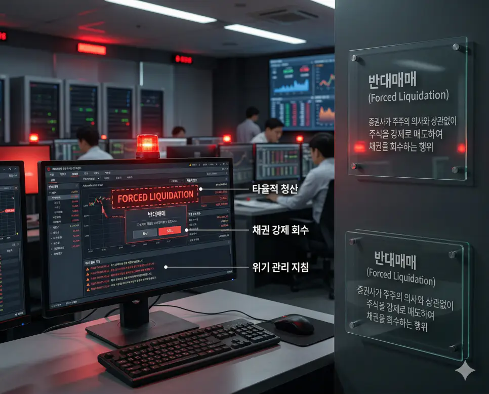 반대매매 뜻, 증거금 뜻, 마진콜 뜻: 타율적 청산과 거래 보증 및 증거금 독촉 정리 1 증권사가 담보 부족 주식을 강제로 매도하여 채권을 회수하는 반대매매 실행 화면 실사 이미지