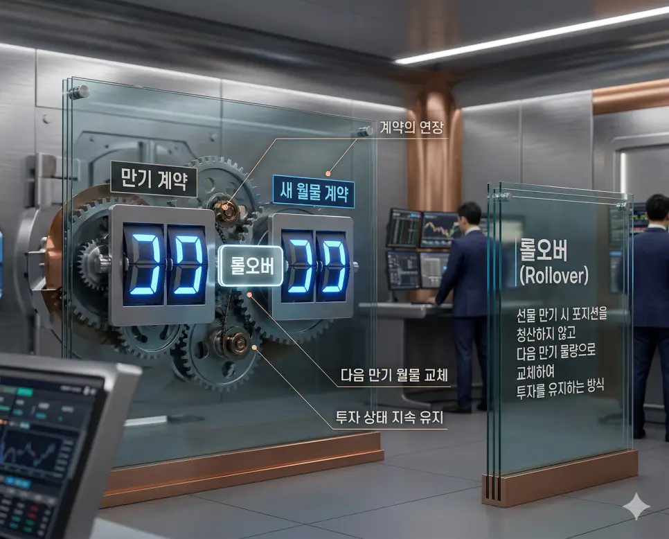 코인 선물 뜻, 롤오버 뜻, 서킷브레이커 뜻: 변동성 레버리지와 계약 연장 및 시장 보호 정리 2 선물 만기 시 포지션을 청산하지 않고 다음 달 계약으로 연장하는 롤오버 과정을 형상화한 실사 이미지