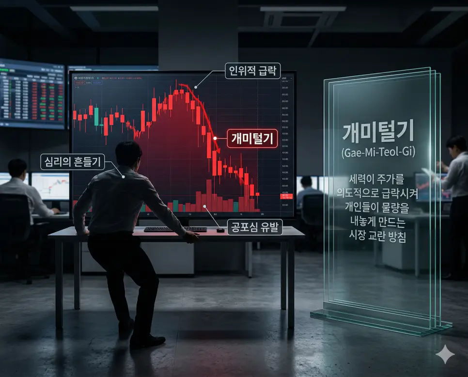 평단가 뜻, 개미털기 뜻, 공매도 뜻: 자산의 평균값과 심리의 흔들기 및 하락의 베팅 정리 2 의도적인 주가 급락으로 개인 투자자들을 흔드는 개미털기 심리전을 상징하는 긴박한 차트 배경 실사 이미지