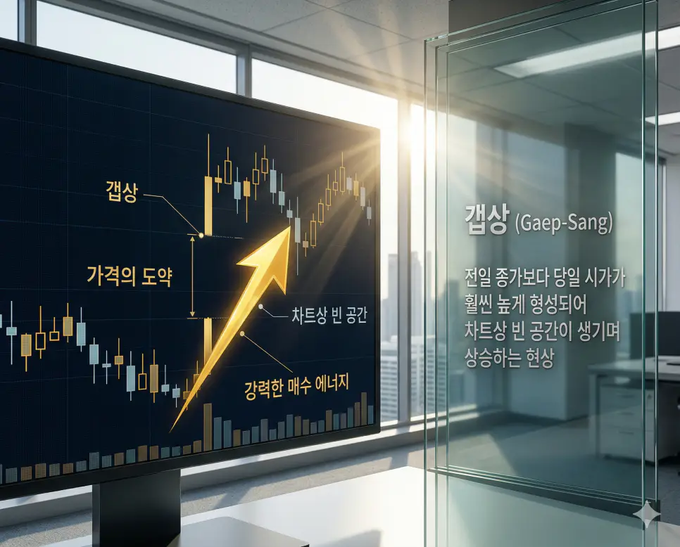 단타 뜻, 쩜상 뜻, 갭상 뜻: 시간의 효율과 압도적 기세 및 가격의 도약 정리 3 강력한 매수 에너지로 전일 종가 대비 시가가 높게 시작하는 갭상 도약을 상징하는 주식 차트 배경 실사 이미지