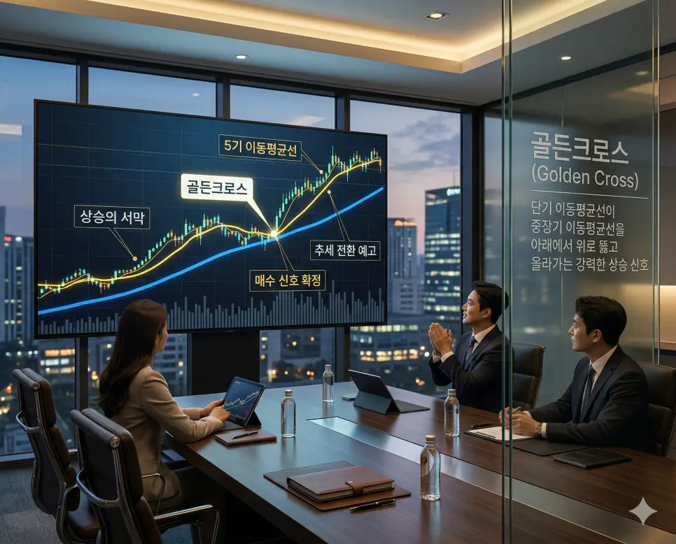 슈팅 뜻, 골든크로스 뜻, 음봉 뜻: 시세 폭발과 상승 서막 및 하락 기록 정리 2 단기 이동평균선이 중장기 이동평균선을 상향 돌파하며 강력한 매수 신호를 보내는 골든크로스를 분석하는 전문가 실사 이미지