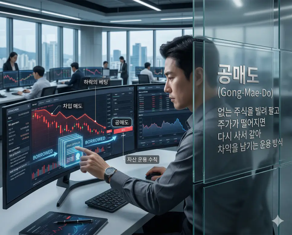 평단가 뜻, 개미털기 뜻, 공매도 뜻: 자산의 평균값과 심리의 흔들기 및 하락의 베팅 정리 3 주가 하락 시 수익을 창출하는 하락 베팅 기법인 공매도 뜻을 설명하는 전문적인 자산 운용 배경 실사 이미지