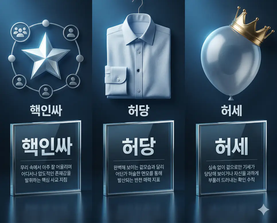 핵인싸, 허당, 허세 뜻의 정의와 핵심 아이콘을 세 개의 유리 패널에 정리한 영화 포스터 스타일 인포그래픽