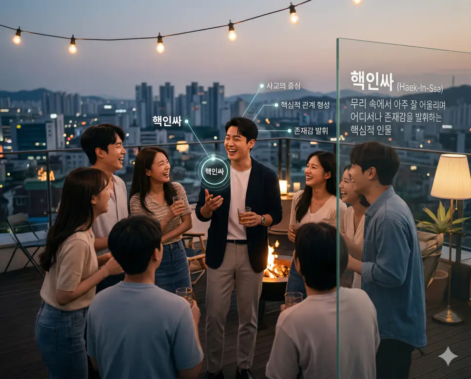 무리 속에서 존재감을 발휘하며 사교의 중심이 되는 핵인싸 뜻을 시각화한 파티 배경 실사 이미지