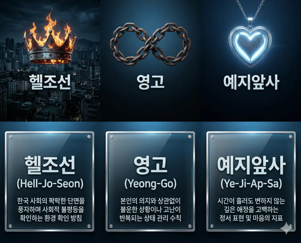 헬조선 뜻, 영고 뜻, 예지앞사 뜻: 사회적 불평등과 끝없는 고난 및 변치 않는 마음 정리 4 헬조선, 영고, 예지앞사 뜻의 정의와 각각의 titles가 유리 패널 상단에 선명하게 새겨진 가운데 사회적 불평등, 끝없는 고난, 변치 않는 마음 핵심 내용을 정리한 영화 포스터 스타일 인포그래픽