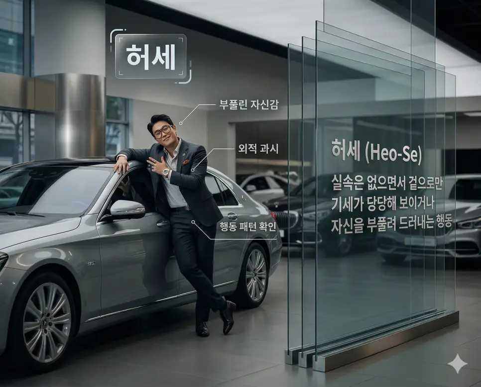실속 없이 겉으로만 당당해 보이려는 허세 행위를 과시적인 포즈로 묘사한 실사 이미지