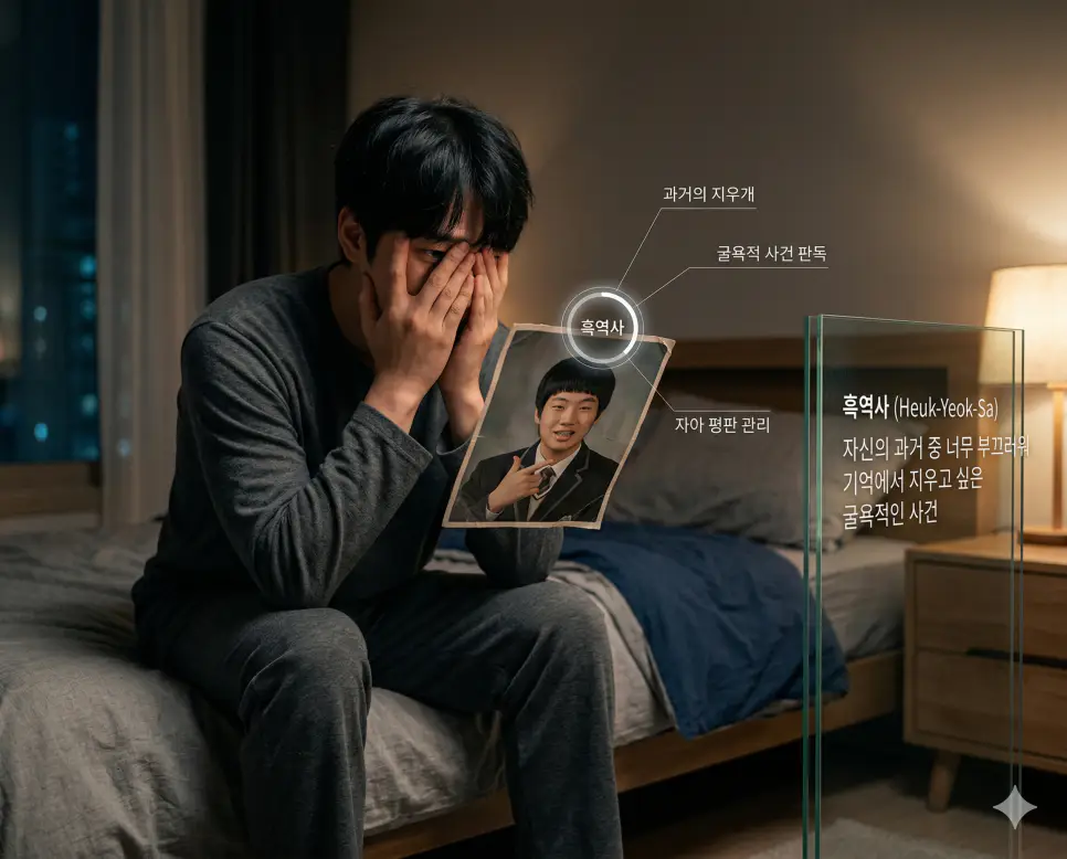 흑역사 뜻, 캘박 뜻, 와리가리 뜻: 과거의 지우개와 철저한 약속 및 압도적 주도권 정리 1 흑역사 뜻을 통해 기억에서 지우고 싶은 부끄러운 과거의 사건과 자아 평판 관리 수칙을 시각화한 한국의 일상 실사 이미지